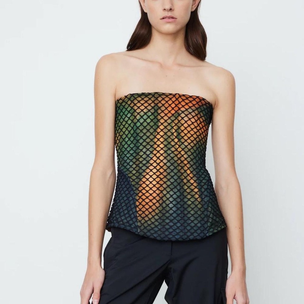 SO RAD !!! Miaou Libra Corset Top in Multi/ Aura with Fishnet Overlay